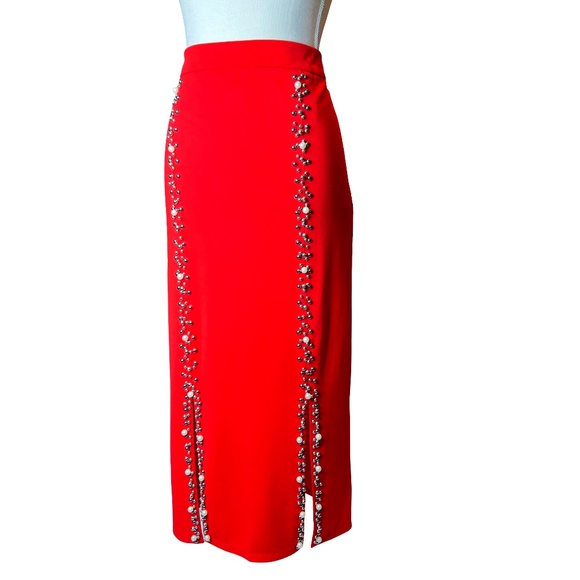 # A238  Nancy Cocktail Chic feminine  Red  Skirt Pearl & Stud Detail NWOT L - Picture 1 of 8
